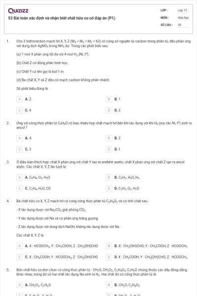52 Bài toán xác định và nhận biết chất hữu cơ có đáp án (P1)