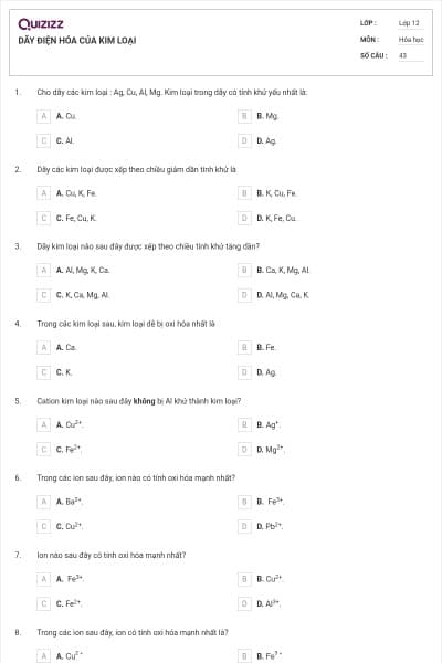 DÃY ĐIỆN HÓA CỦA KIM LOẠI