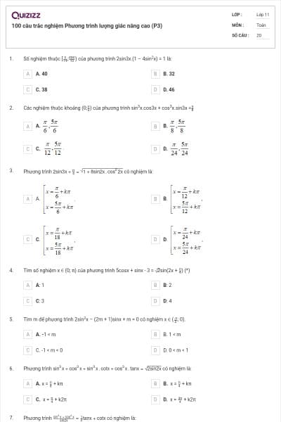 100 câu trắc nghiệm Phương trình lượng giác nâng cao (P3)