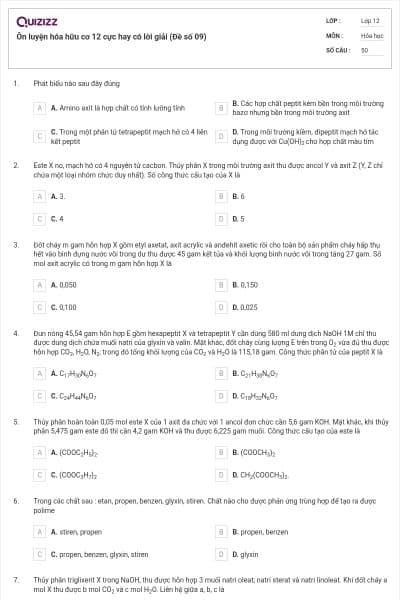 Ôn luyện hóa hữu cơ 12 cực hay có lời giải (Đề số 09)
