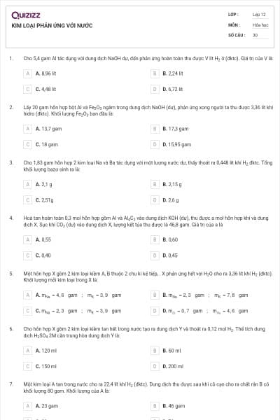 KIM LOẠI PHẢN ỨNG VỚI NƯỚC