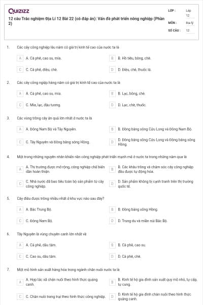 12 câu Trắc nghiệm Địa Lí 12 Bài 22 (có đáp án): Vấn đề phát triển nông nghiệp (Phần 2)