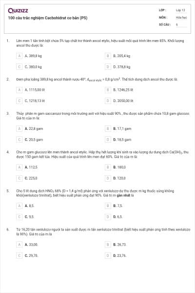 100 câu trắc nghiệm Cacbohidrat cơ bản (P5)