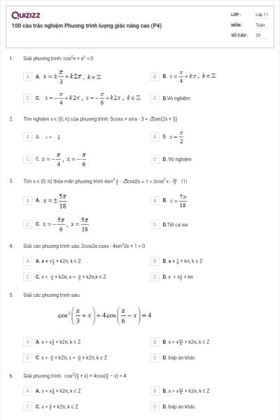 100 câu trắc nghiệm Phương trình lượng giác nâng cao (P4)