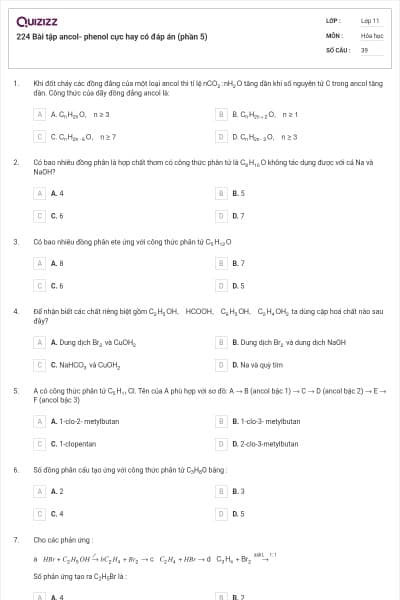 224 Bài tập ancol- phenol cực hay có đáp án (phần 5)