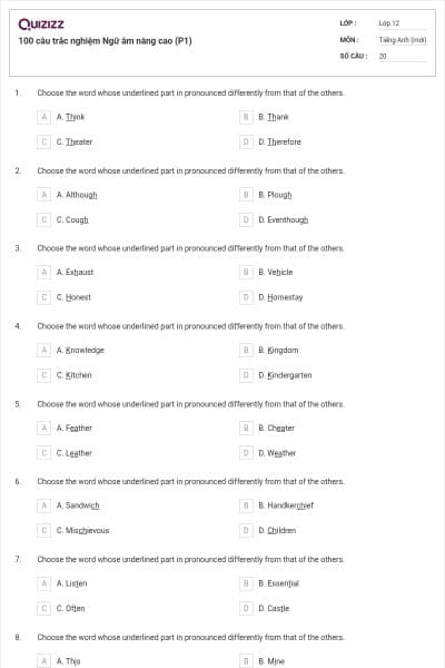 100 câu trắc nghiệm Ngữ âm nâng cao (P1)