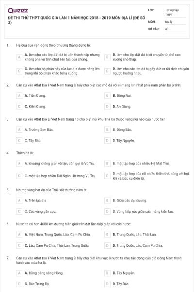 ĐỀ THI THỬ THPT QUỐC GIA LẦN 1 NĂM HỌC 2018 - 2019 MÔN ĐỊA LÍ (ĐẾ SỐ 3)
