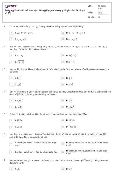 Tổng hợp 20 đề thi thử môn Vật Lí trung học phổ thông quốc gia năm 2019 (Đề số 29)
