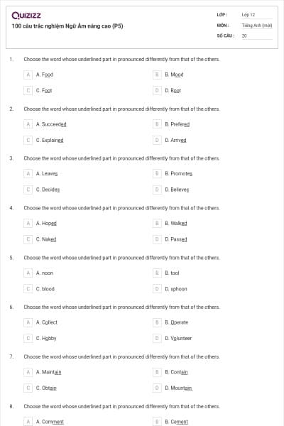 100 câu trắc nghiệm Ngữ Âm nâng cao (P5)