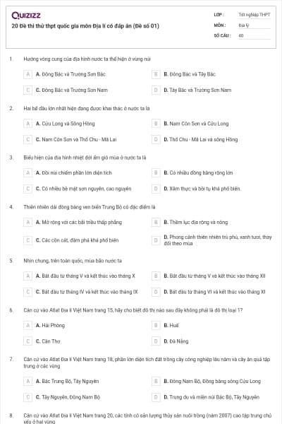 20 Đề thi thử thpt quốc gia môn Địa lí có đáp án (Đề số 01)