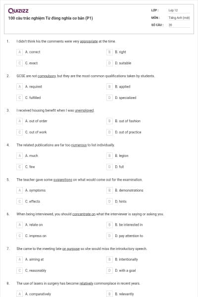100 câu trắc nghiệm Từ đồng nghĩa cơ bản (P1)