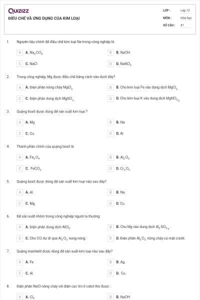 ĐIỀU CHẾ VÀ ỨNG DỤNG CỦA KIM LOẠI