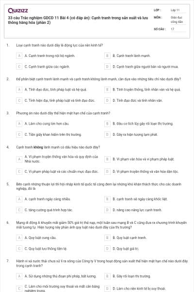 33 câu Trắc nghiệm GDCD 11 Bài 4 (có đáp án): Cạnh tranh trong sản xuất và lưu thông hàng hóa (phần 2)