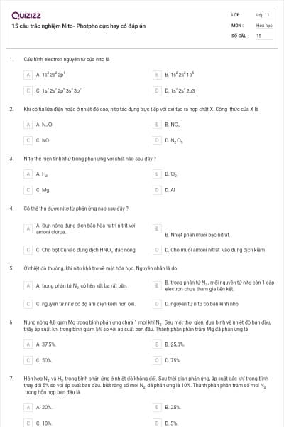 15 câu trắc nghiệm Nito- Photpho cực hay có đáp án