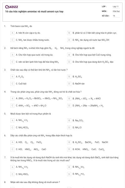 16 câu trắc nghiệm amoniac và muối amoni cực hay