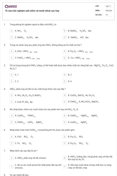 16 câu trắc nghiệm axit nitric và muối nitrat cực hay