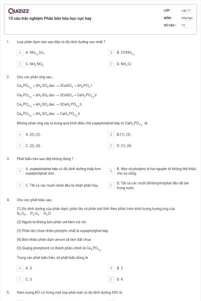 15 câu trắc nghiệm Phân bón hóa học cực hay