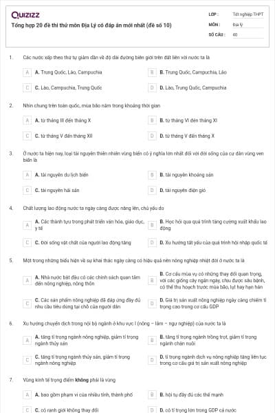 Tổng hợp 20 đề thi thử môn Địa Lý có đáp án mới nhất (đề số 10)