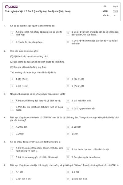 Trắc nghiệm Vật lí 6 Bài 2 (có đáp án): Đo độ dài (tiếp theo)