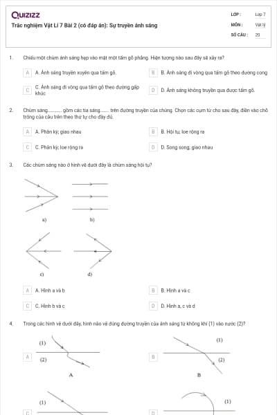 Trắc nghiệm Vật Lí 7 Bài 2 (có đáp án): Sự truyền ánh sáng