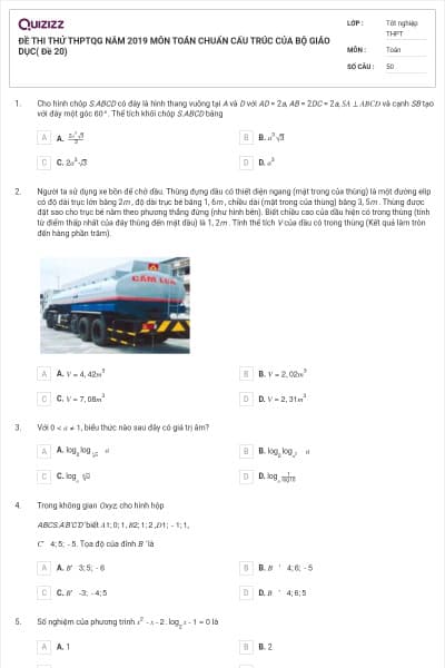 ĐỀ THI THỬ THPTQG NĂM 2019 MÔN TOÁN CHUẨN CẤU TRÚC CỦA BỘ GIÁO DỤC( Đề 20)