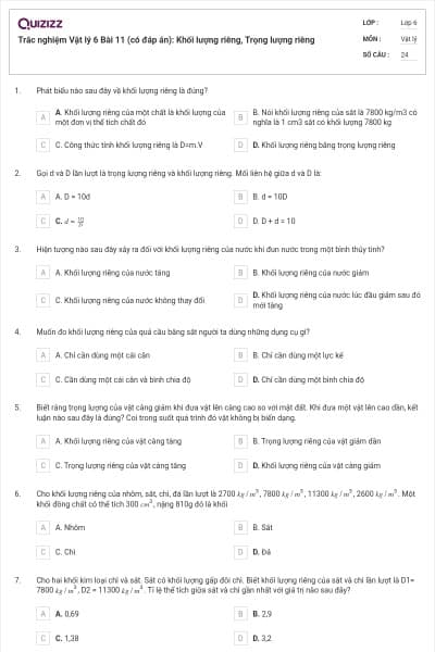 Trắc nghiệm Vật lý 6 Bài 11 (có đáp án): Khối lượng riêng, Trọng lượng riêng
