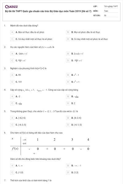 Bộ Đề thi THPT Quốc gia chuẩn cấu trúc Bộ Giáo dục môn Toán 2019 (Đề số 7)