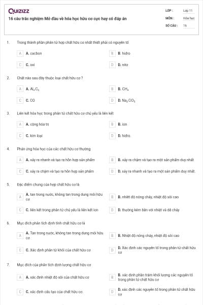 16 câu trắc nghiệm Mở đầu về hóa học hữu cơ cực hay có đáp án