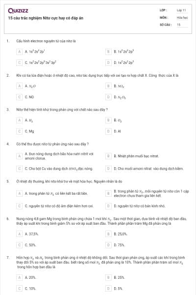 15 câu trắc nghiệm Nitơ cực hay có đáp án