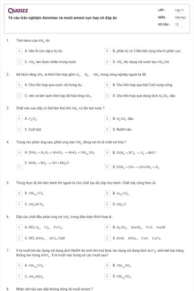 16 câu trắc nghiệm Amoniac và muối amoni cực hay có đáp án