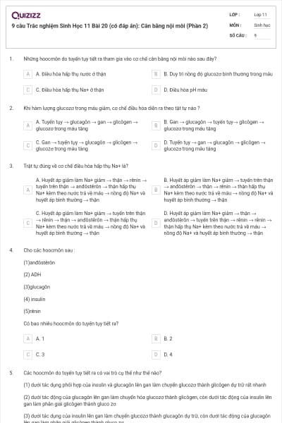 9 câu  Trắc nghiệm Sinh Học 11 Bài 20 (có đáp án): Cân bằng nội môi (Phần 2)