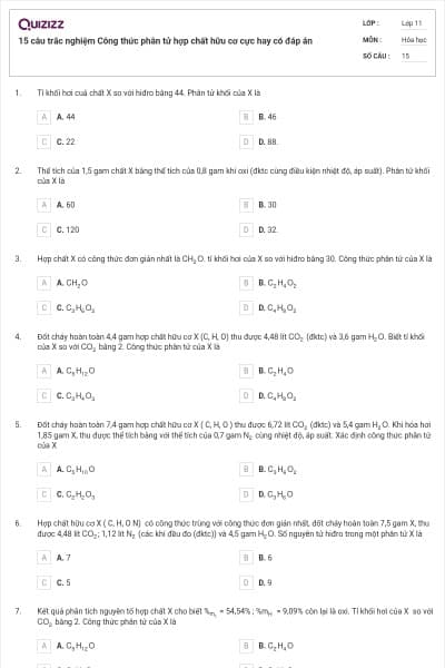 15 câu trắc nghiệm Công thức phân tử hợp chất hữu cơ cực hay có đáp án