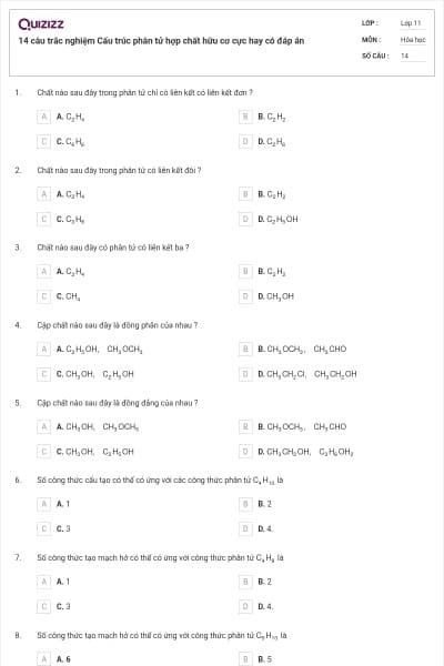 14 câu trắc nghiệm Cấu trúc phân tử hợp chất hữu cơ cực hay có đáp án