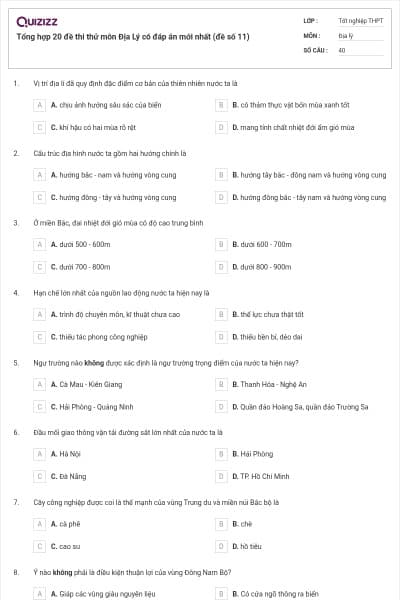 Tổng hợp 20 đề thi thử môn Địa Lý có đáp án mới nhất (đề số 11)