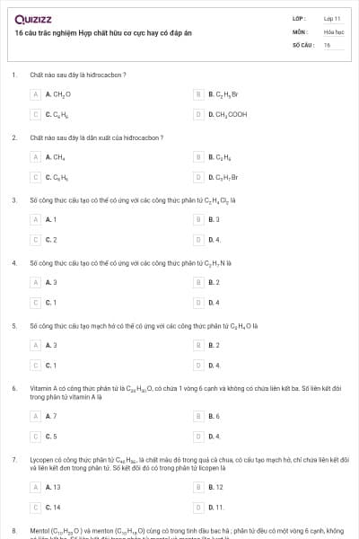 16 câu trắc nghiệm Hợp chất hữu cơ cực hay có đáp án