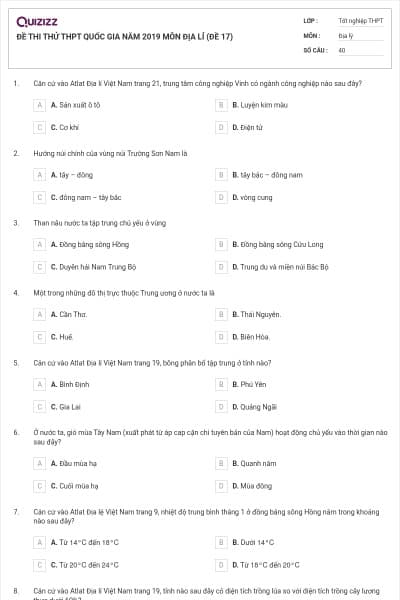 ĐỀ THI THỬ THPT QUỐC GIA NĂM 2019 MÔN ĐỊA LÍ (ĐỀ 17)