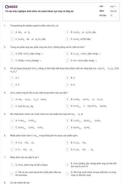 16 câu trắc nghiệm Axit nitric và muối nitrat cực hay có đáp án