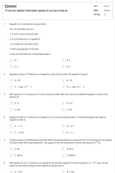 15 câu trắc nghiệm Thành phần nguyên tử cực hay có đáp án