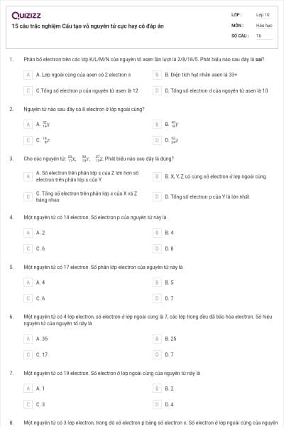 15 câu trắc nghiệm Cấu tạo vỏ nguyên tử cực hay có đáp án
