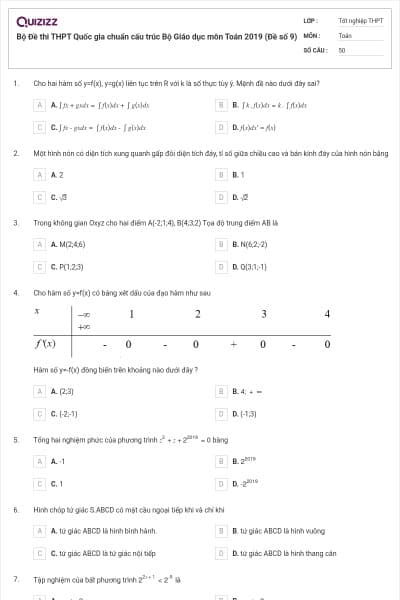 Bộ Đề thi THPT Quốc gia chuẩn cấu trúc Bộ Giáo dục môn Toán 2019 (Đề số 9)