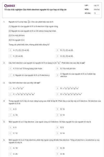 15 câu trắc nghiệm Cấu hình electron nguyên tử cực hay có đáp án