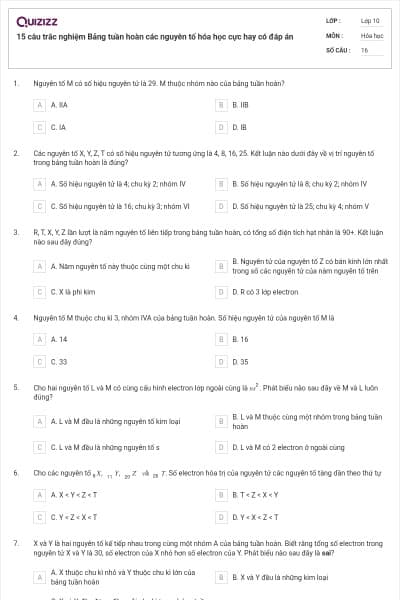 15 câu trắc nghiệm Bảng tuần hoàn các nguyên tố hóa học cực hay có đáp án
