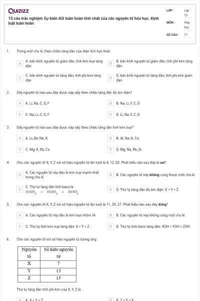 15 câu trắc nghiệm Sự biến đổi tuần hoàn tính chất của các nguyên tố hóa học. Định luật tuần hoàn