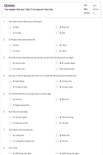 Trắc nghiệm Sinh học 7 Bài 13 (có đáp án): Giun đũa