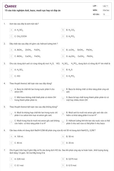 15 câu trắc nghiệm Axit, bazơ, muối cực hay có đáp án