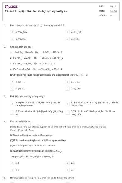 15 câu trắc nghiệm Phân bón hóa học cực hay có đáp án