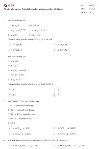 16 câu trắc nghiệm Tính chất của nitơ, photpho cực hay có đáp án