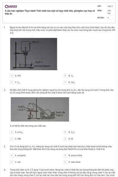 4 câu trắc nghiệm Thực hành Tính chất của một số hợp chất nitơ, photpho cực hay có đáp án
