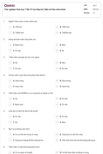 Trắc nghiệm Sinh học 7 Bài 19 (có đáp án): Một số thân mềm khác
