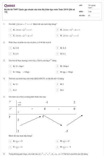 Bộ Đề thi THPT Quốc gia chuẩn cấu trúc Bộ Giáo dục môn Toán 2019 (Đề số 10)